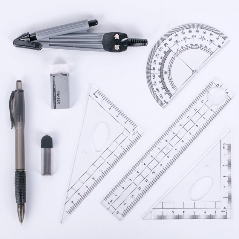 MeetUs Math Geometry Kit Set 8 Pieces Student Supplies with Shatterproof Storage Box & Reusable Pouch,Includes Rulers,Protractor,Compass,Pencil,Eraser.for Students and Engineering Drawings - Image 3